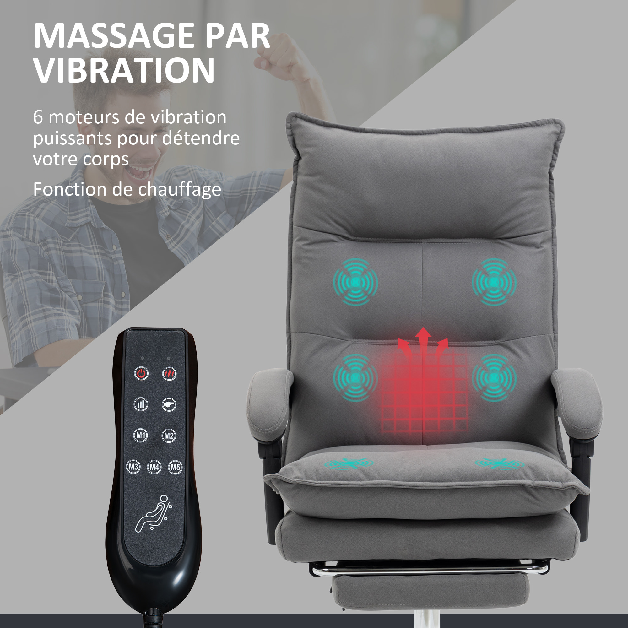 Fauteuil de bureau massant chauffant inclinable réglable repose-pieds rétractable microfibre gris