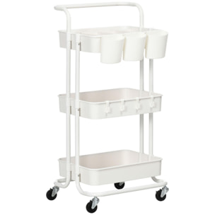 Carro Auxiliar con Ruedas Carrito de Almacenamiento de 3 Niveles con Asa 3 Cajas Colgantes y 4 Ganchos para Salón Comedor Cocina Baño 42x38x86,5 cm Blanco