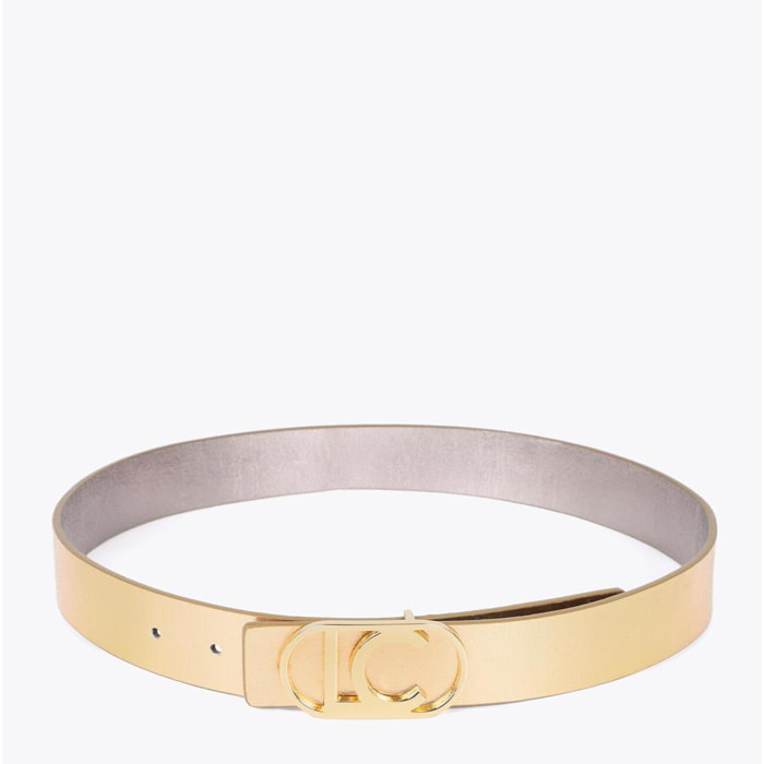 Cintura Reversibile con Fibbia Ovale Metallizzata