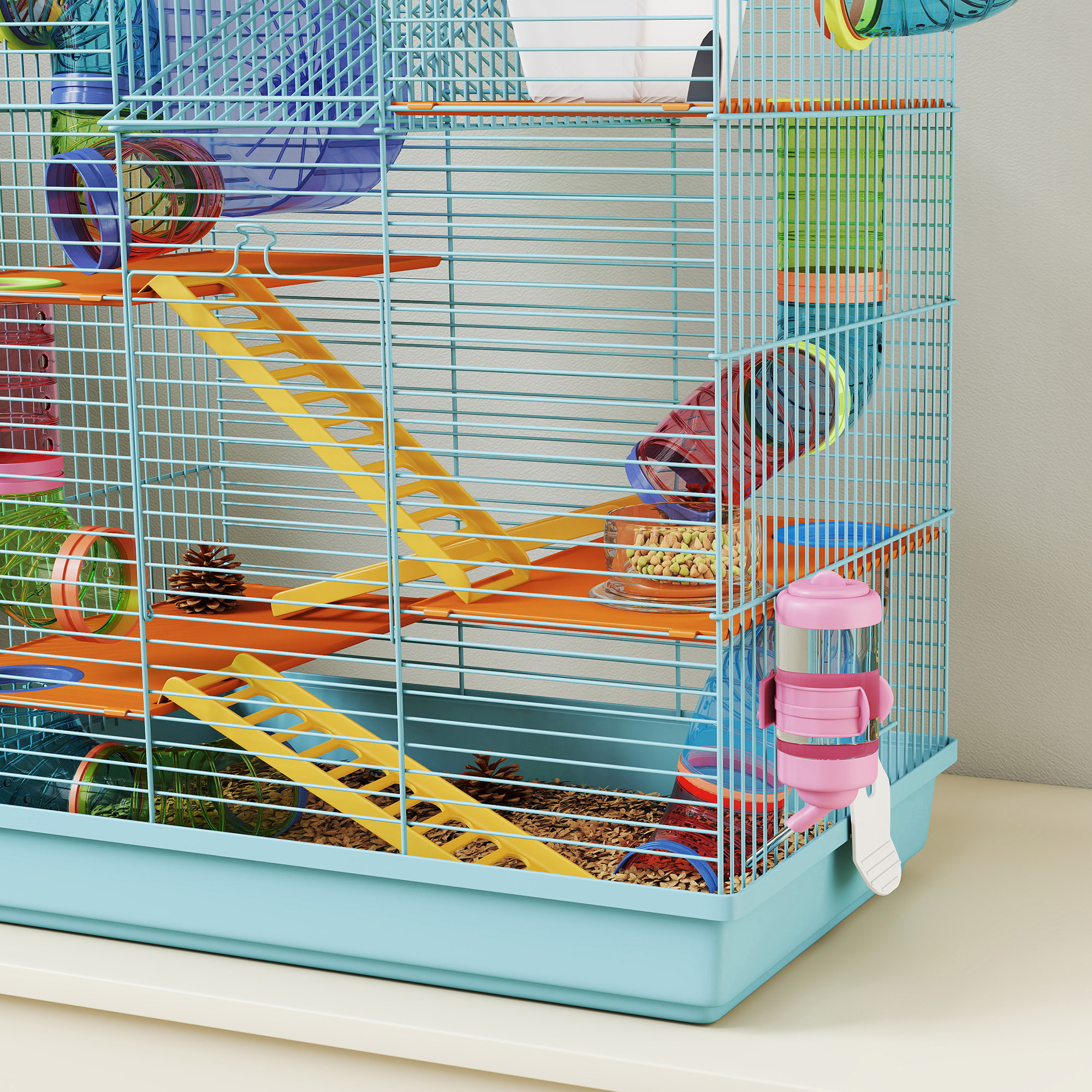 Cage pour hamster souris petits animaux rongeur avec tunnel mangeoire roue jouet 47 x 30 x 59 cm cm bleu ciel