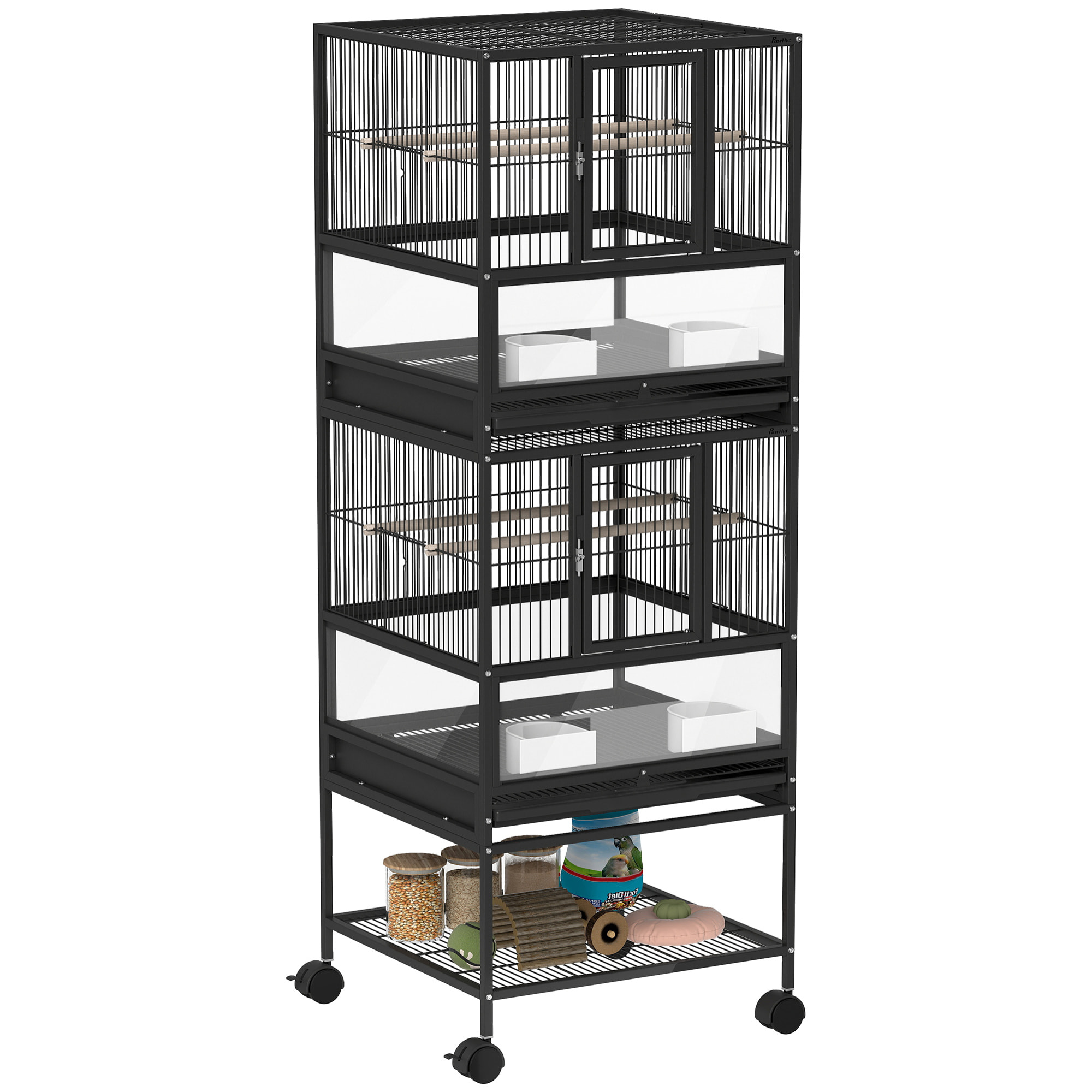 Jaula para Pájaros Jaula Grande de 2 Niveles con Ruedas Paneles Acrílicos Comederos Perchas Estante Bandejas Extraíbles Pajarera para Loros Canarios 48x46x134,5 cm Negro