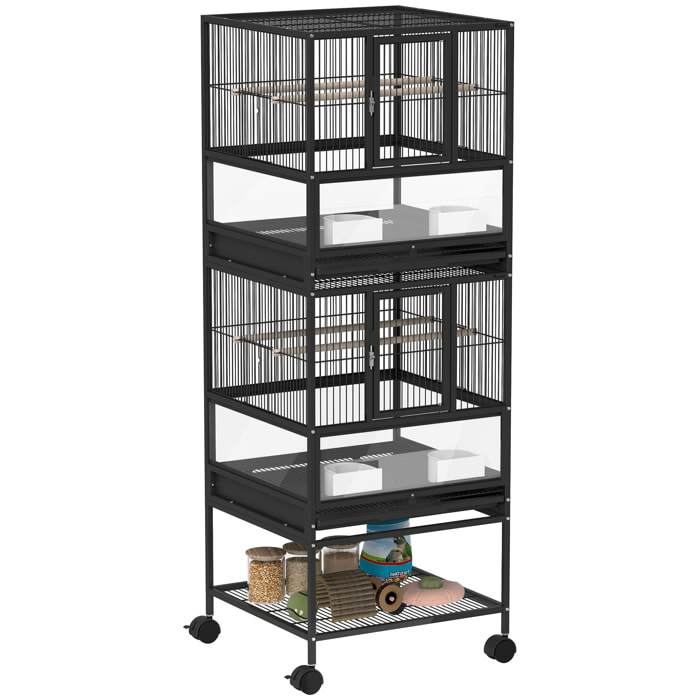Jaula para Pájaros Jaula Grande de 2 Niveles con Ruedas Paneles Acrílicos Comederos Perchas Estante Bandejas Extraíbles Pajarera para Loros Canarios 48x46x134,5 cm Negro
