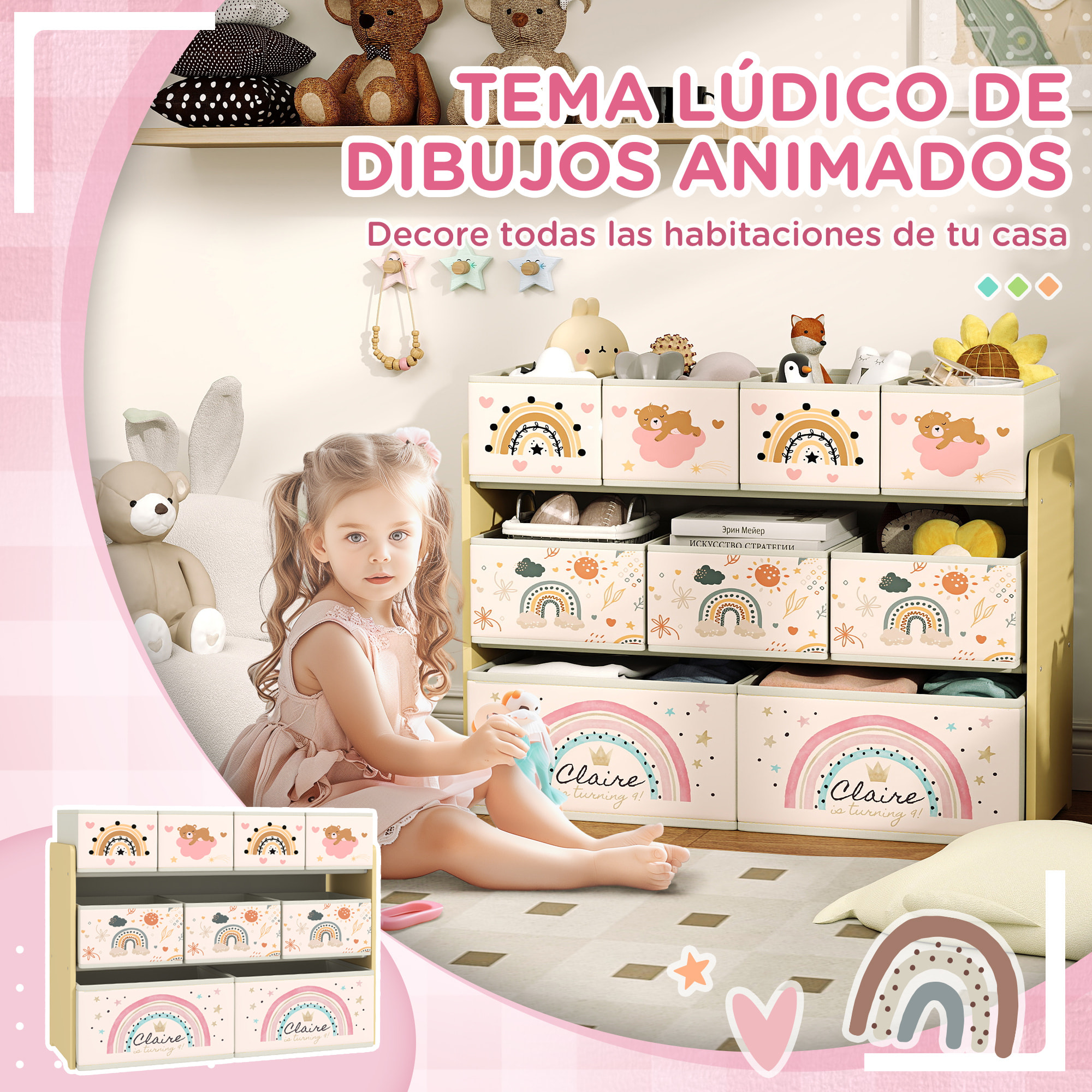 Estantería para Juguetes para Niños Organizador de Juguetes con 9 Cestas de Tela no Tejida para Guardería Sala de Juegos 93x30x70 cm Amarillo
