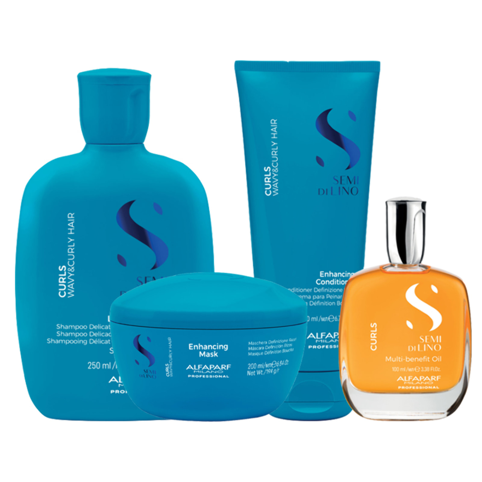 ALFAPARF MILANO Kit Semi Di Lino Curls Enhacing Shampoo 250ml + Mask 200ml + Conditioner 200ml + Oil 100ml