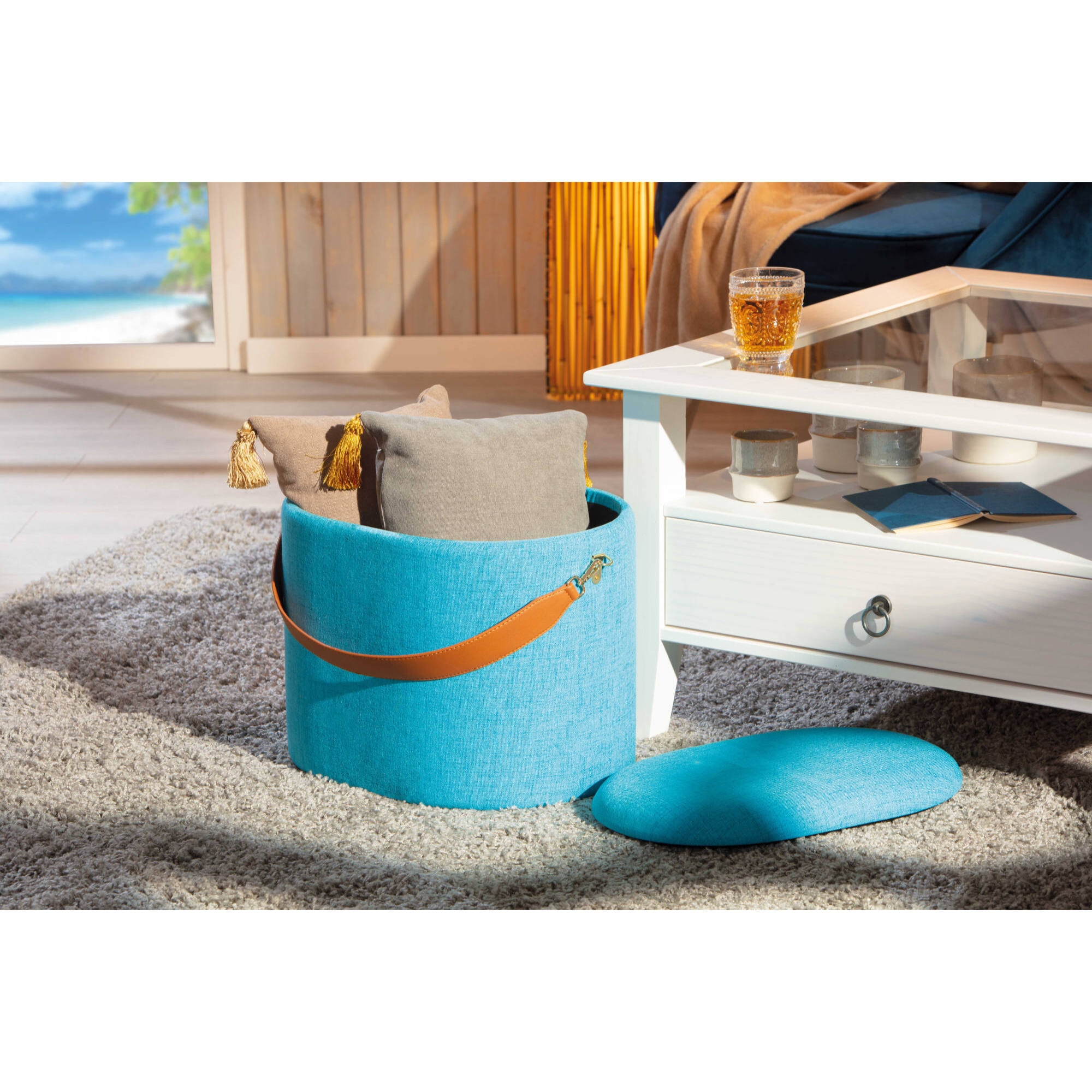 Pouf in tessuto con maniglia in ecopelle, 42 x 36 x 30, Azzurro
