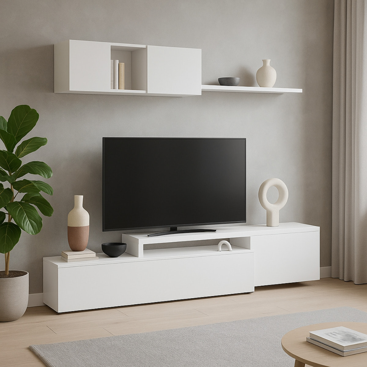 Parete Attrezzata Mobile Soggiorno TV con Mensola Pensile Salotto Base Televisione Sala Pranzo Design Moderno Reversibile 201 x 41 x 44 cm Bianco