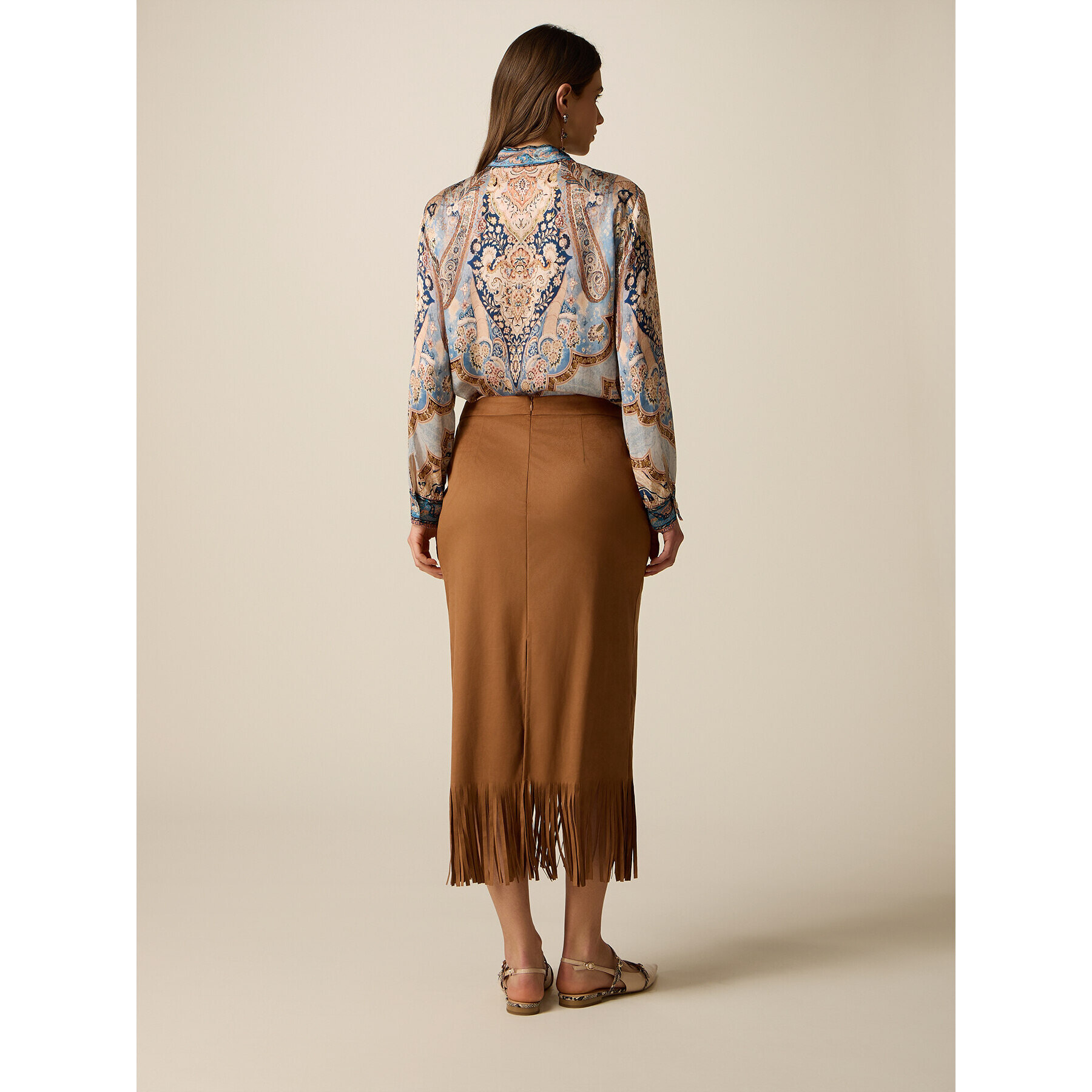 Oltre - Gonna tubino con frange - Marrone