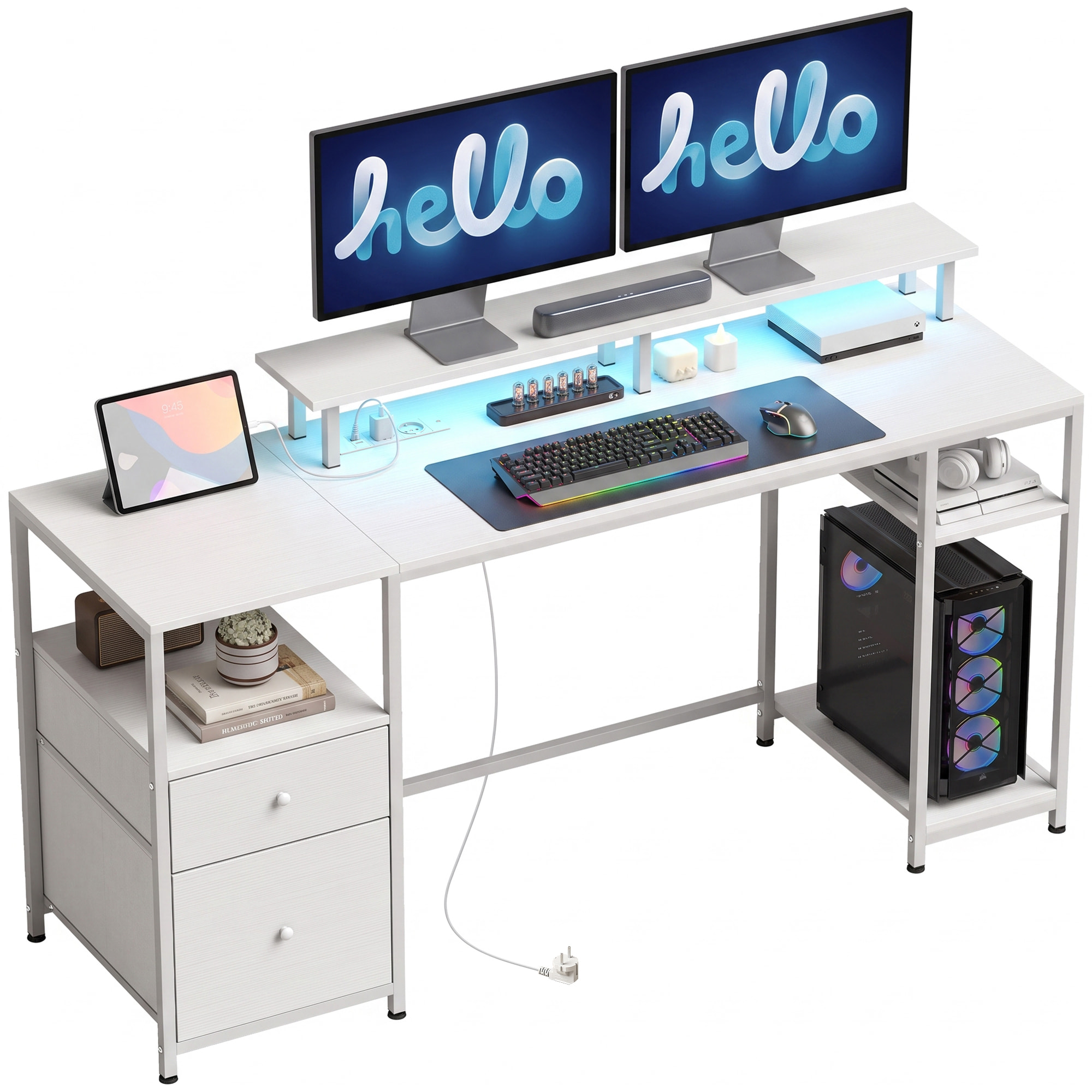 Mesa de Escritorio Mesa de Ordenador con Luces LED Estantes Cajones Tomas de Corriente Puertos USB y Soporte para Monitor para Oficina Estudio 155,5x48x88,5 cm Blanco