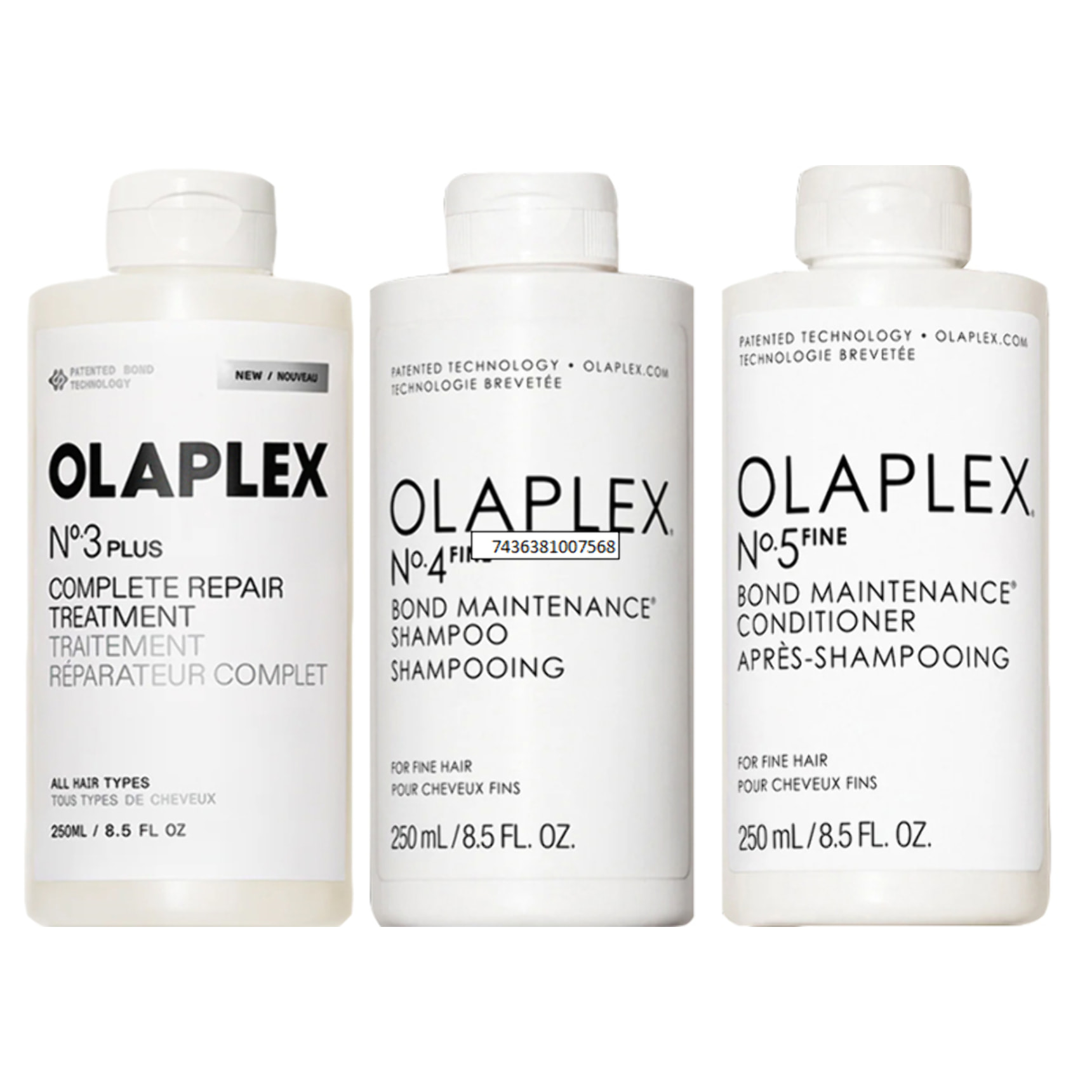 OLAPLEX Kit Tratamiento N°3 Plus 250ml + Champú N°4 Fine 250ml + Acondicionador N°5 Fine 250ml