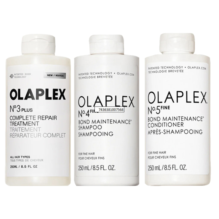 OLAPLEX Kit Tratamiento N°3 Plus 250ml + Champú N°4 Fine 250ml + Acondicionador N°5 Fine 250ml