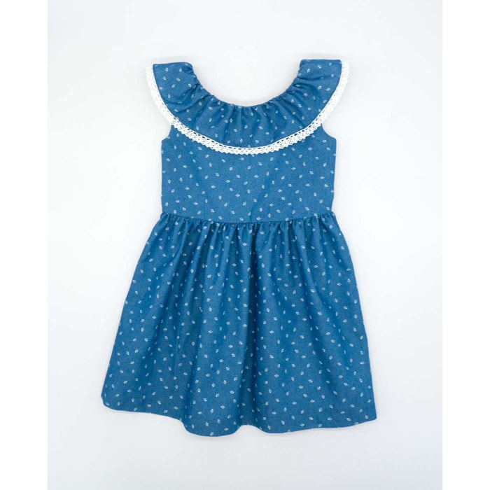 VESTIDO VOLANTE ESCOTE DENIM FLOR BLANCA