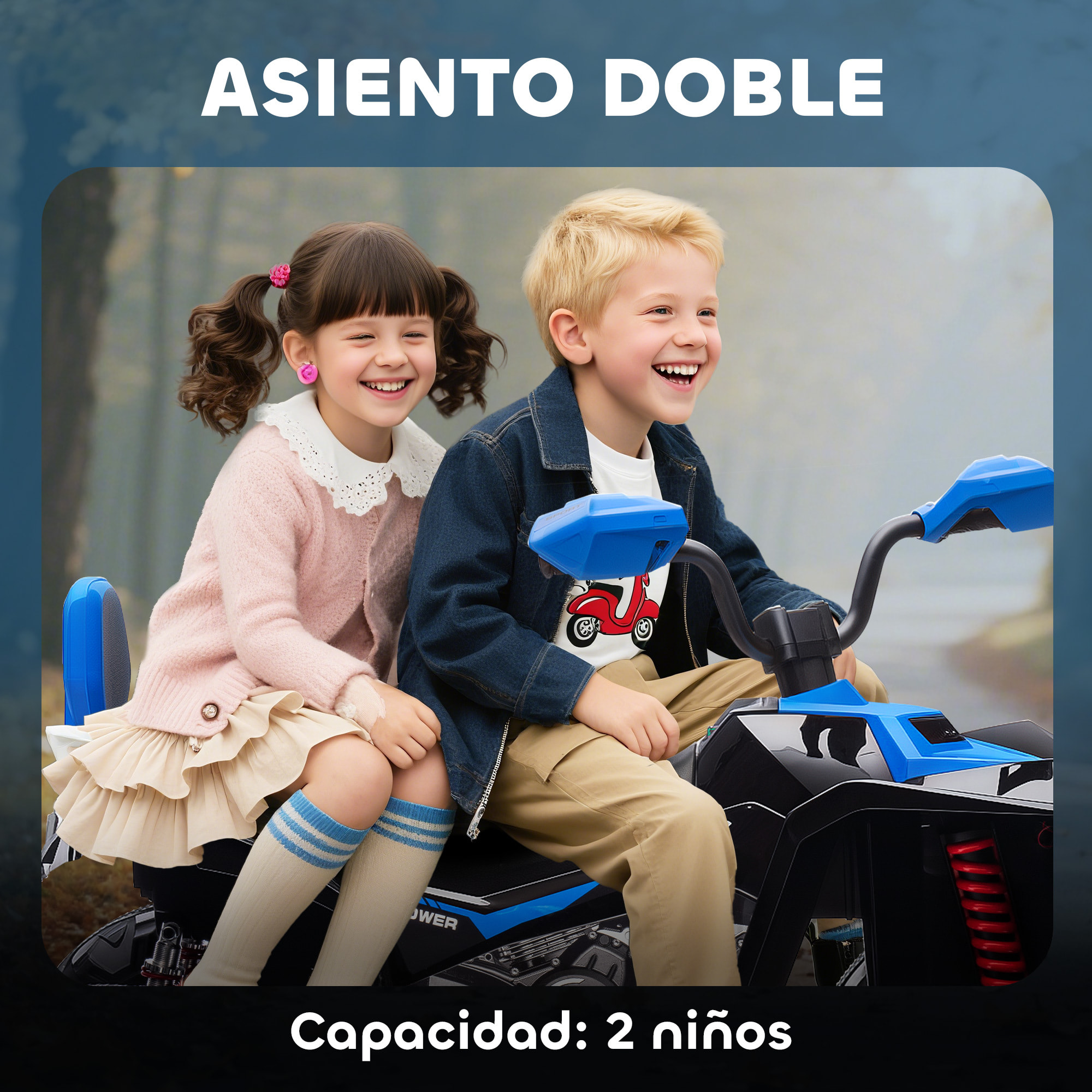 Quad Eléctrico para Niños 24V, Quad para Niños de 3-8 Años de 2 Plazas, con 2 Motores, Velocidad hasta 6,5â€¯km/h, Ruedas con Suspensión, Faros, Bocina, Música, USB, Azul