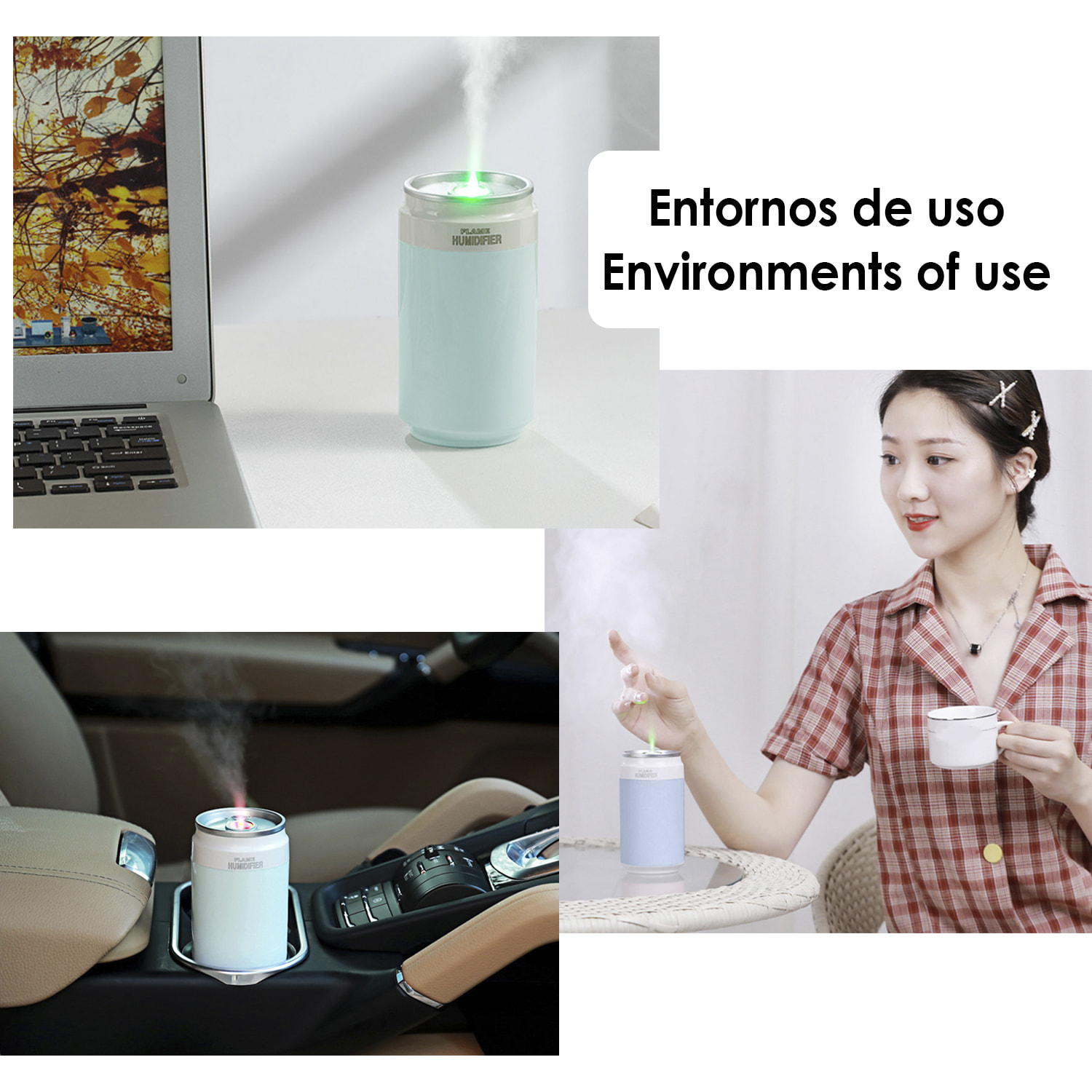 Umidificatore multifunzione da 260 ml, forma di lattina di soda. Funzione sterilizzazione, compatibile con idroalcol.