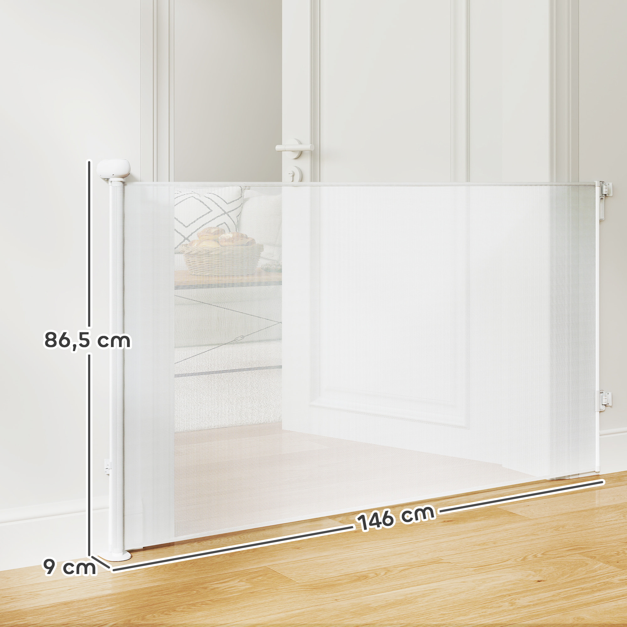Barrière de sécurité chien rétractable 0-140 cm H.86 cm verrouillage auto alu PVC blanc