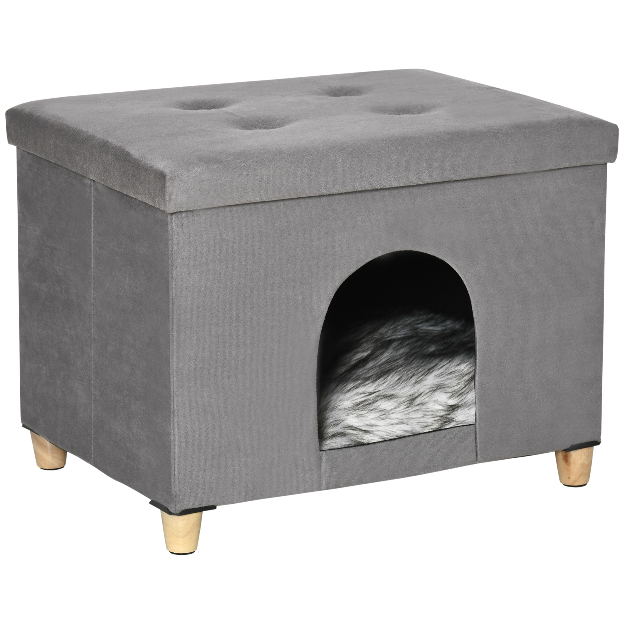 Niche chat maison de chat sur pied repose-pied 2 en 1 - coussin inclus - pliable - MDF peluche suédé gris