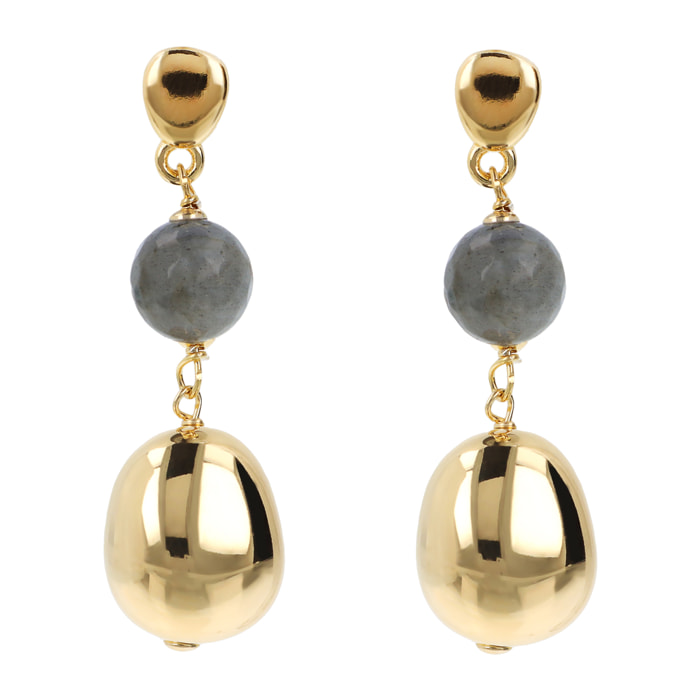 Orecchini Pendenti in Argento 925 placcato Oro Giallo 18Kt con Pepite Elettroformate e Pietre Naturali in Labradorite Sfaccettata