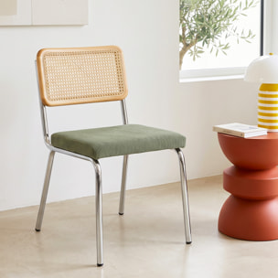 Lot de 2 chaises chromées, cannage et velours côtelé - PAULA