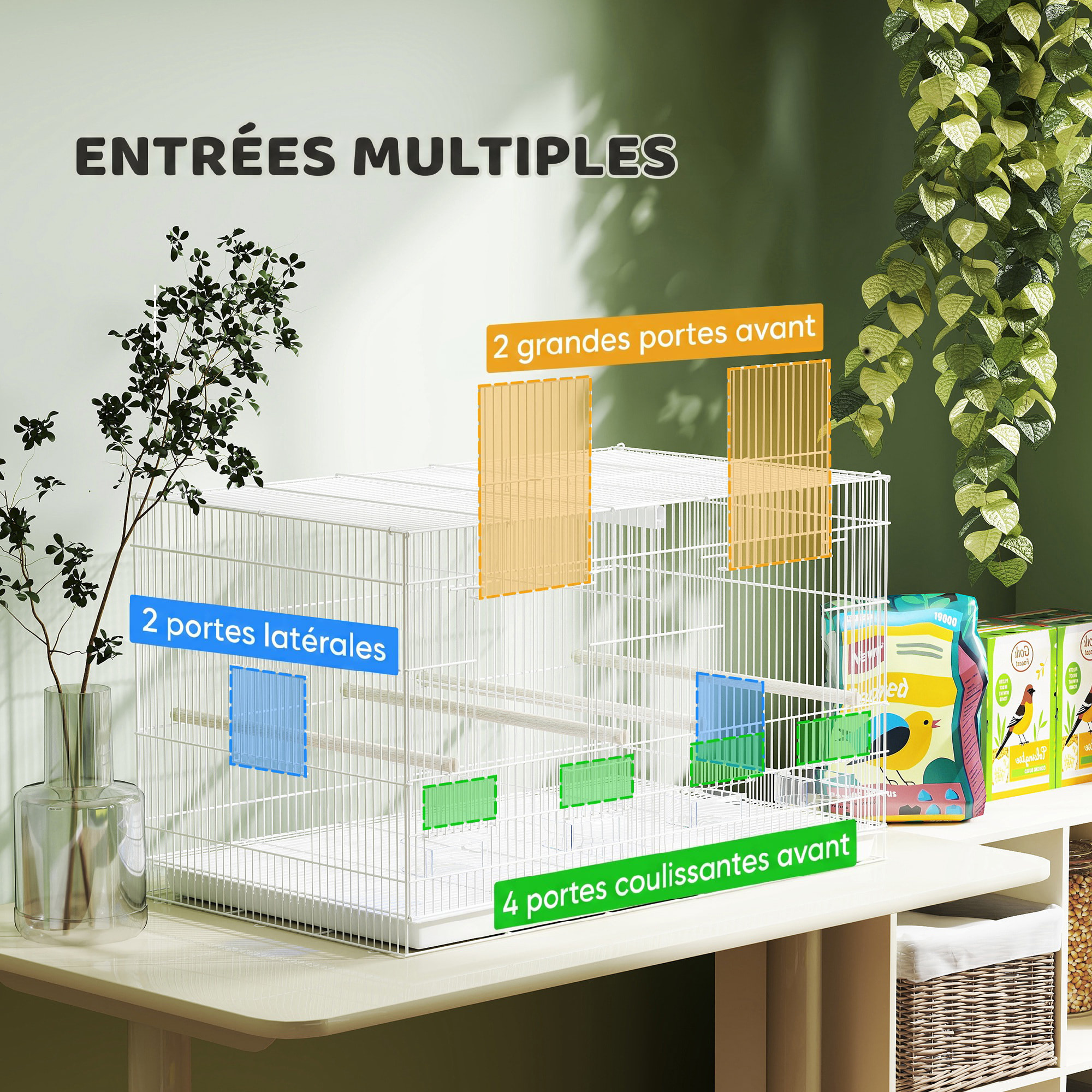 Cage à oiseaux volière acier avec séparateur - 4 perchoirs, mangeoires, portes, trappes, plateau déjection - blanc