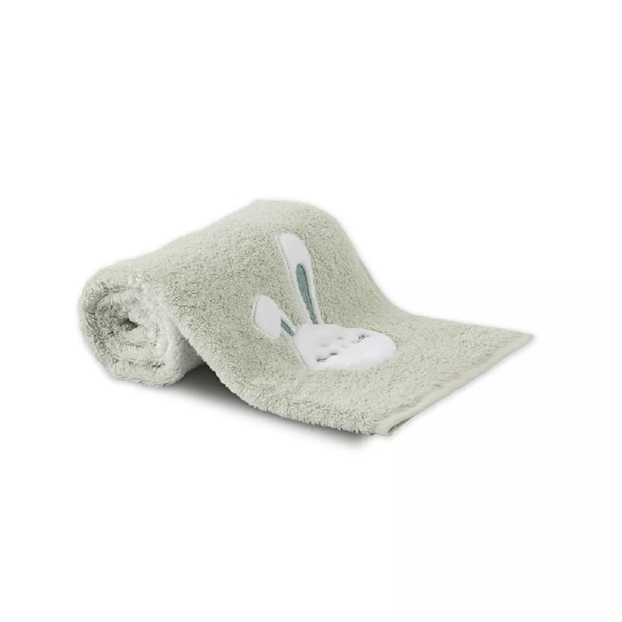 Serviette eponge enfant pur coton 500 g/m² brodé vert Petit lapin vert d'eau