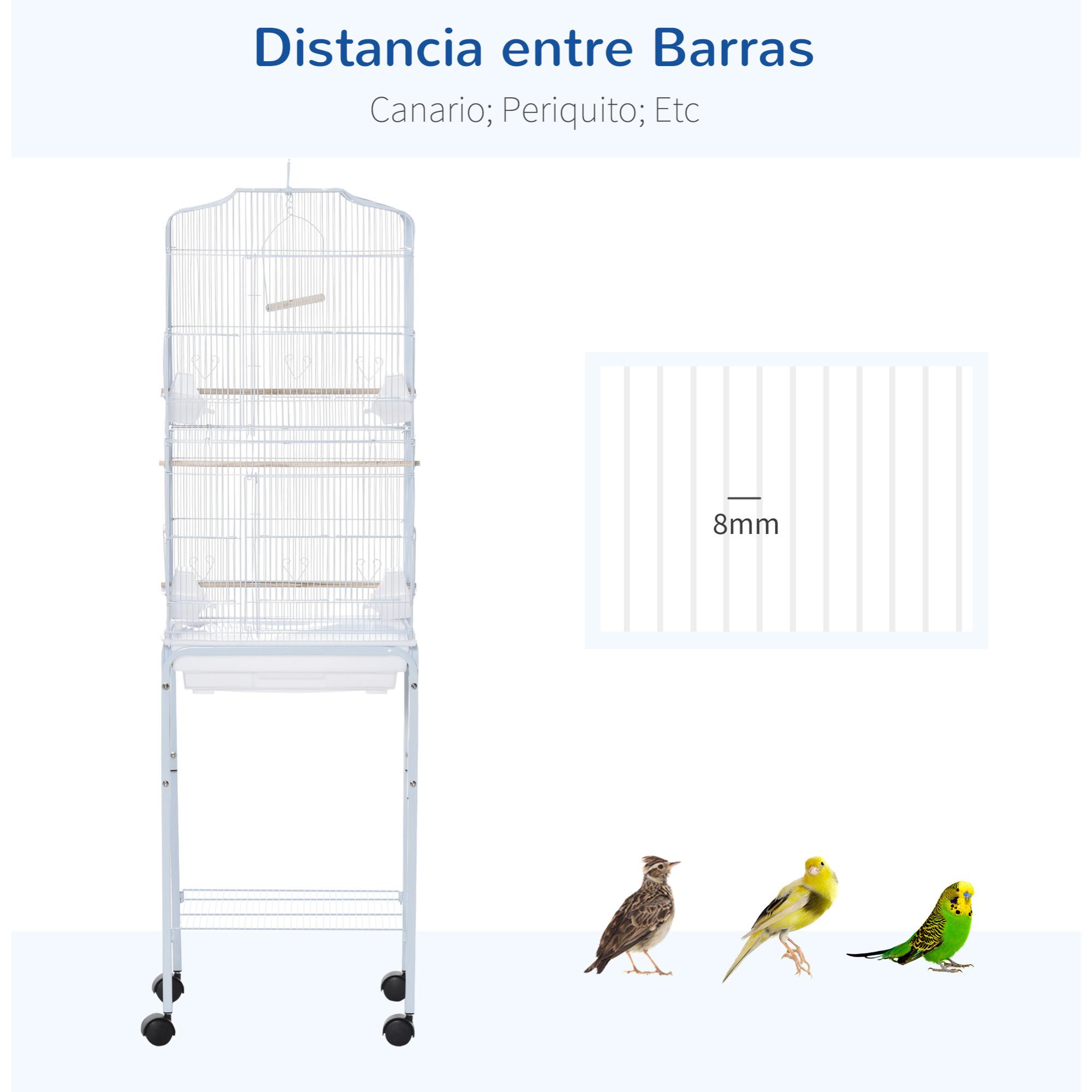 Jaula para Pájaros con Ruedas 46,5x36x157 cm Jaula Metálica de Aves con Puertas 4 Comederos 3 Perchas Bandeja Extraíble y Estante de Almacenaje para Canarios Periquitos Blanco