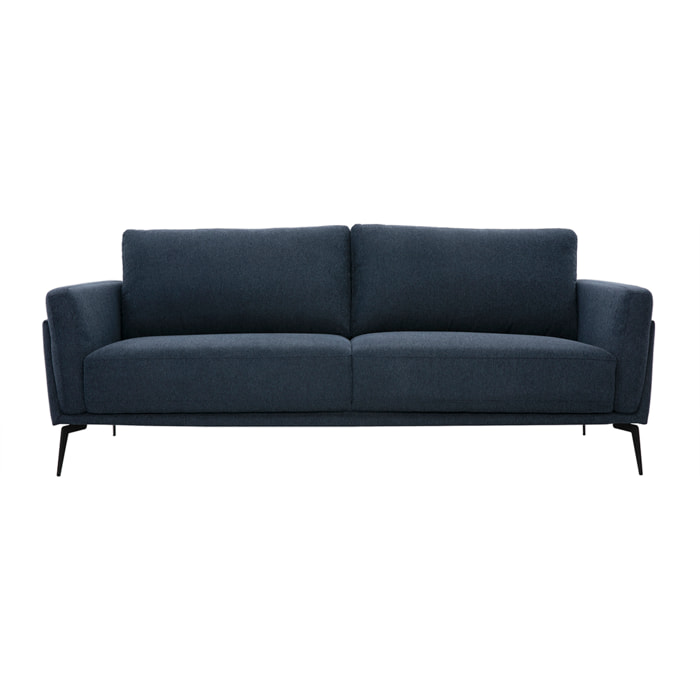 Canapé design 3 places en tissu effet velours texturé bleu foncé et métal noir MOSCO
