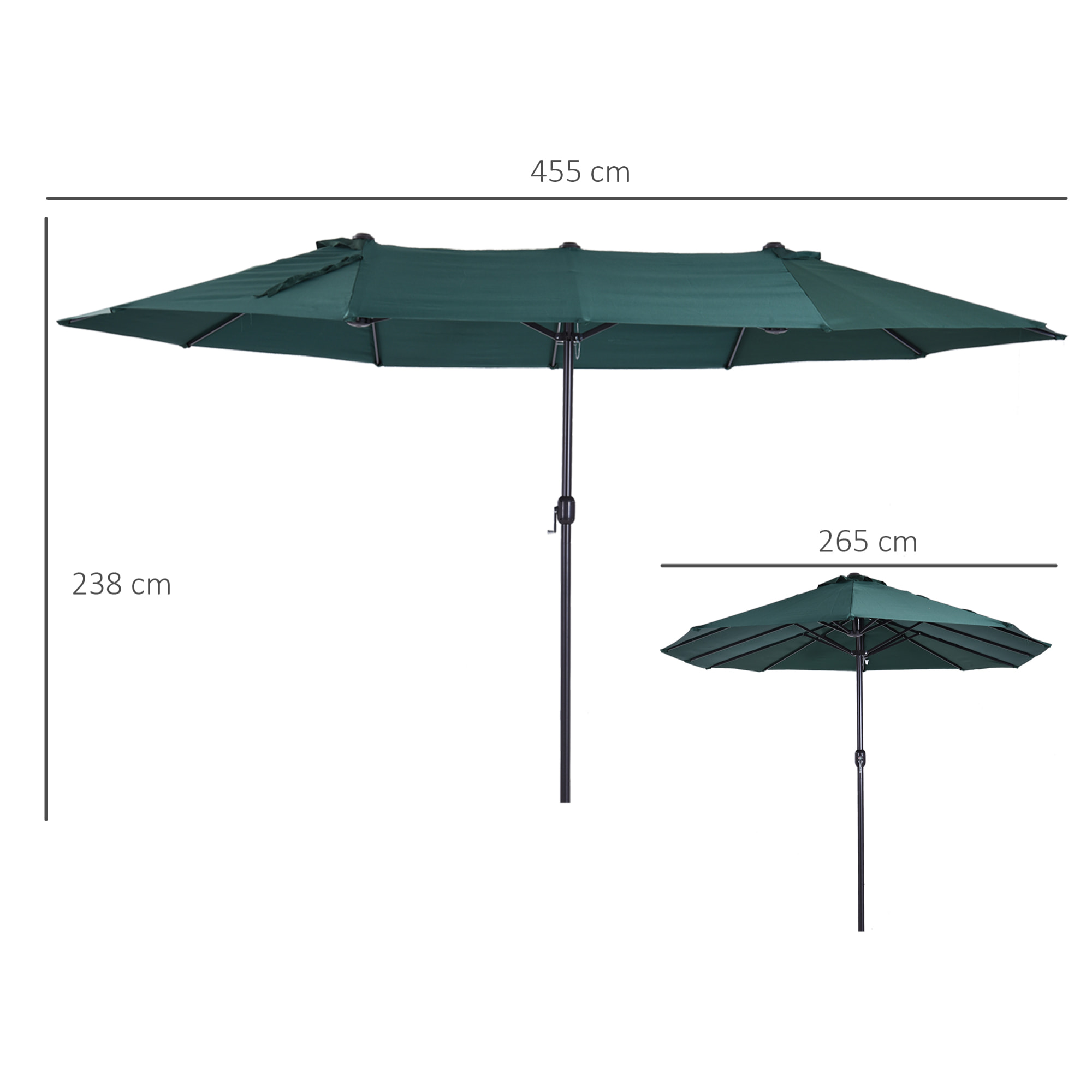 Parasol de jardin XXL parasol grande taille 4,6L x 2,7l x 2,4H m ouverture fermeture manivelle acier polyester haute densité vert