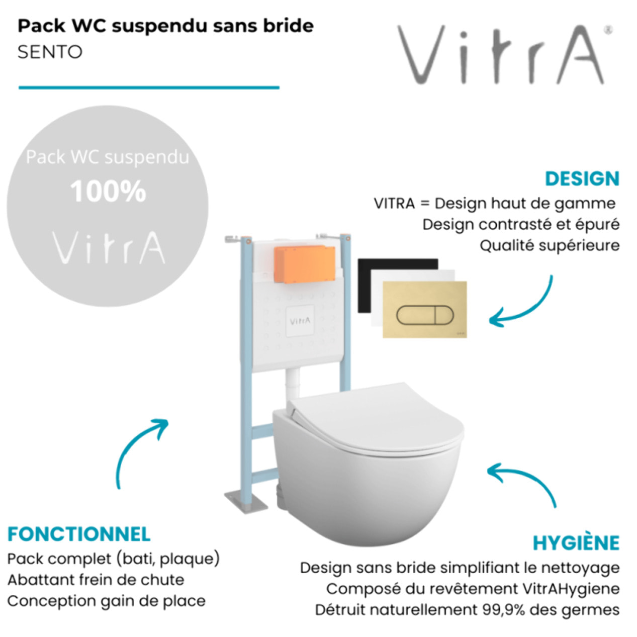 Pack WC suspendu VITRA Sento blanc mat + bâti autoportant V-Fix Core + Plaque Round Blanche