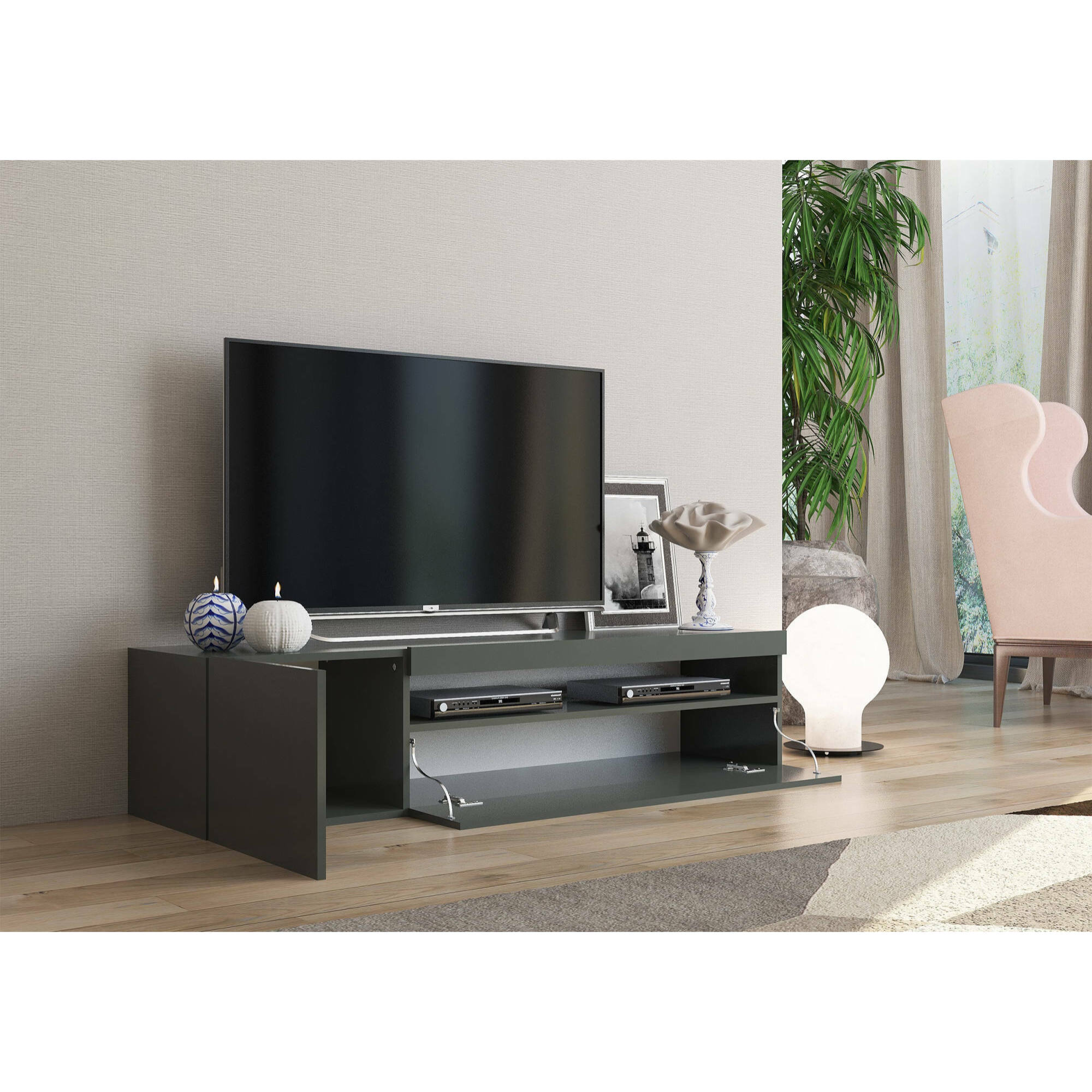 Mobile da soggiorno Porta TV, Made in Italy, Supporto per TV a 2 ante, Porta TV da salotto, cm 150x40h37, colore Antracite lucido