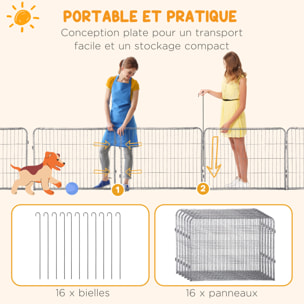 Parc enclos chien modulable pliable 16 panneaux H.60cm 2 portes verrouillables acier époxy gris moucheté