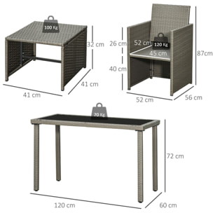 Outsunny Ensemble salon de jardin encastrable 2 fauteuils monoblocs + 2 tabourets + table basse résine tressée coussins déhoussables crème gris