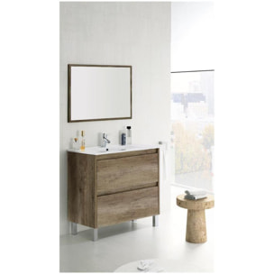 Mobile Bagno A Terra Con Lavabo In Ceramica E Specchio Coordinato Mobiletto Con Lavandino E 2 Cassettoni Ammortizzati  80 x 45 x 80 Cm Colore Quercia