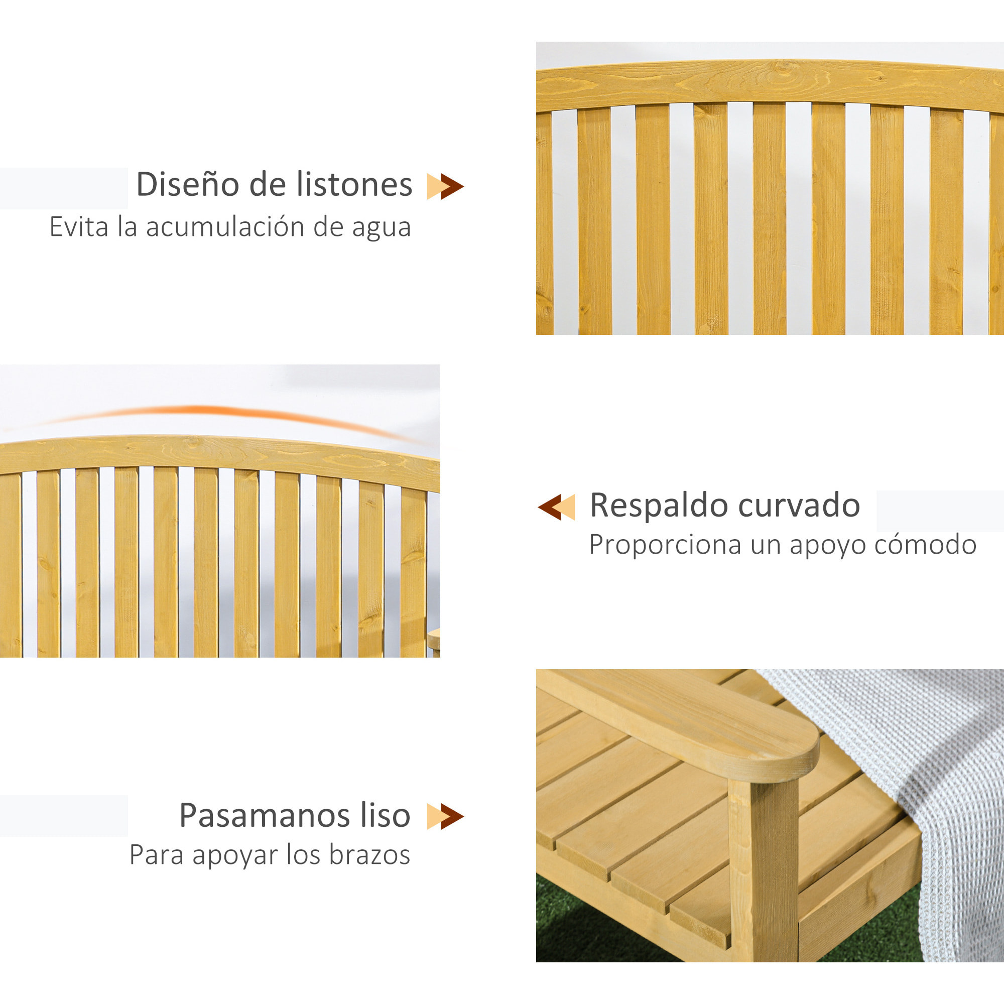 Banco de Jardín de 2 Plazas Banco Exterior de Listones de Madera con Respaldo y Reposabrazos para Terraza Balcón Patio Carga 240 kg 143x51x85 cm Natural