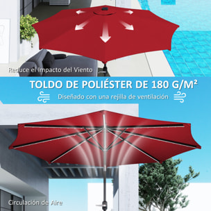 Sombrilla Terraza Exterior con Luces LED Solares Ø292x252 cm Sombrilla de Jardín con Inclinación Ajustable hasta 45° Impermeable y Manivela Parasol para Patio Piscina sin Base Burdeos