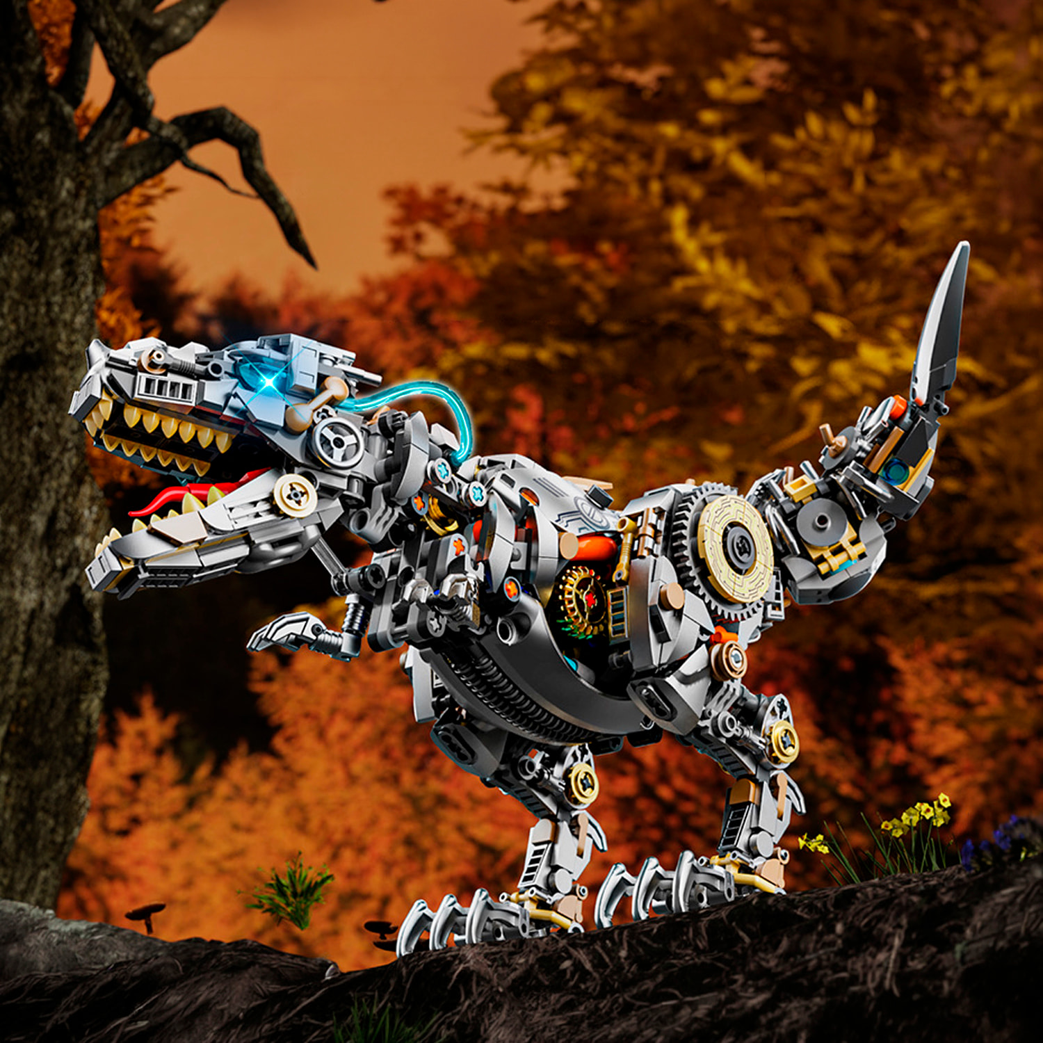 Maqueta 3D mecanizada de Tyrannosaurus Rex con 1268 piezas, equipada con luces y mecanismo de manivela que permite movimiento dinámico.