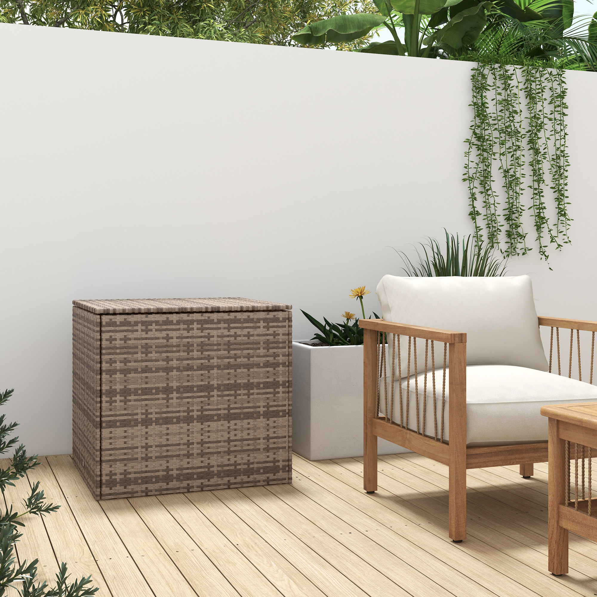 Coffre de jardin dim. 75L x 75l x 70H cm vérin pneumatique doublure intérieure résine tressée aspect rotin taupe