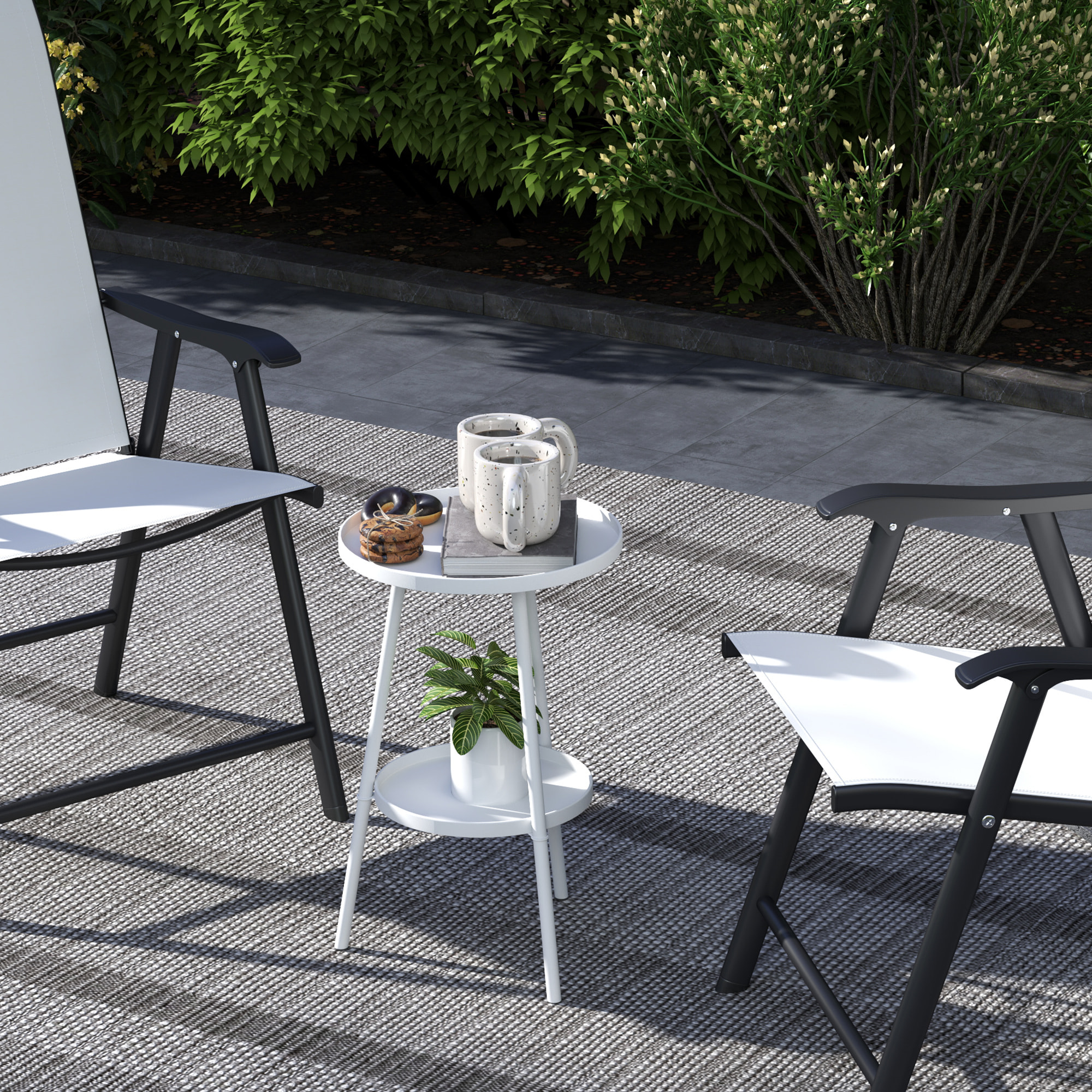 Mesa de Jardín Redonda de 2 Niveles Mesa de Terraza Exterior Ø32x51 cm con Bandeja Inferior y Estructura de Metal para Exterior e Interior Blanco