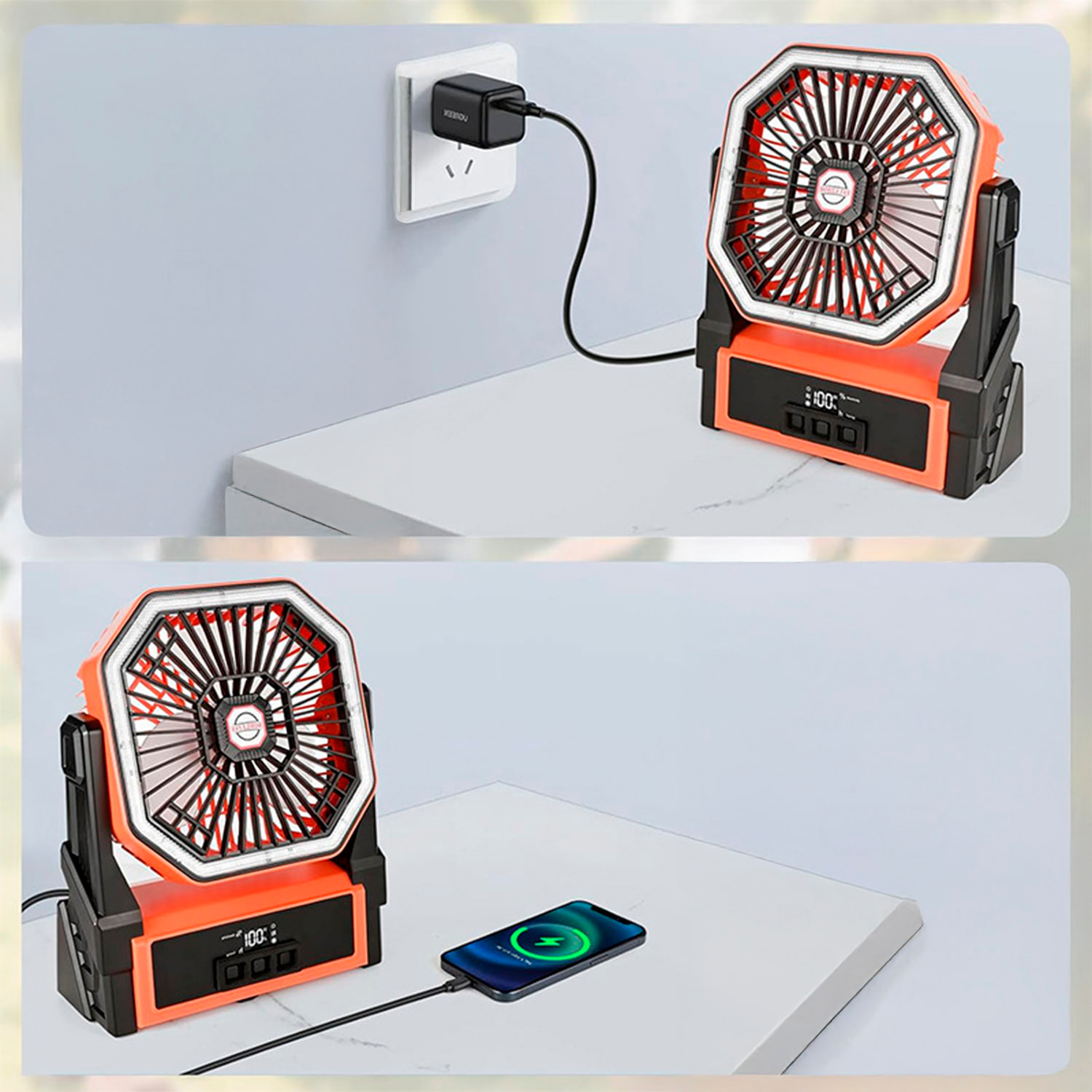Ventilatore A18 con motore senza spazzole, LED con 36 luci, 4 velocità, 3 livelli di luce e timer. Angolo regolabile di 90° con gancio per appendere e powerbank da 10000 mAh.