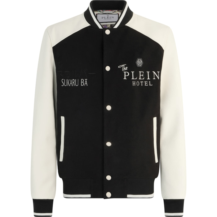 PHILIPP PLEIN Wool & Leather Varsity Bomber Jacket Dragons