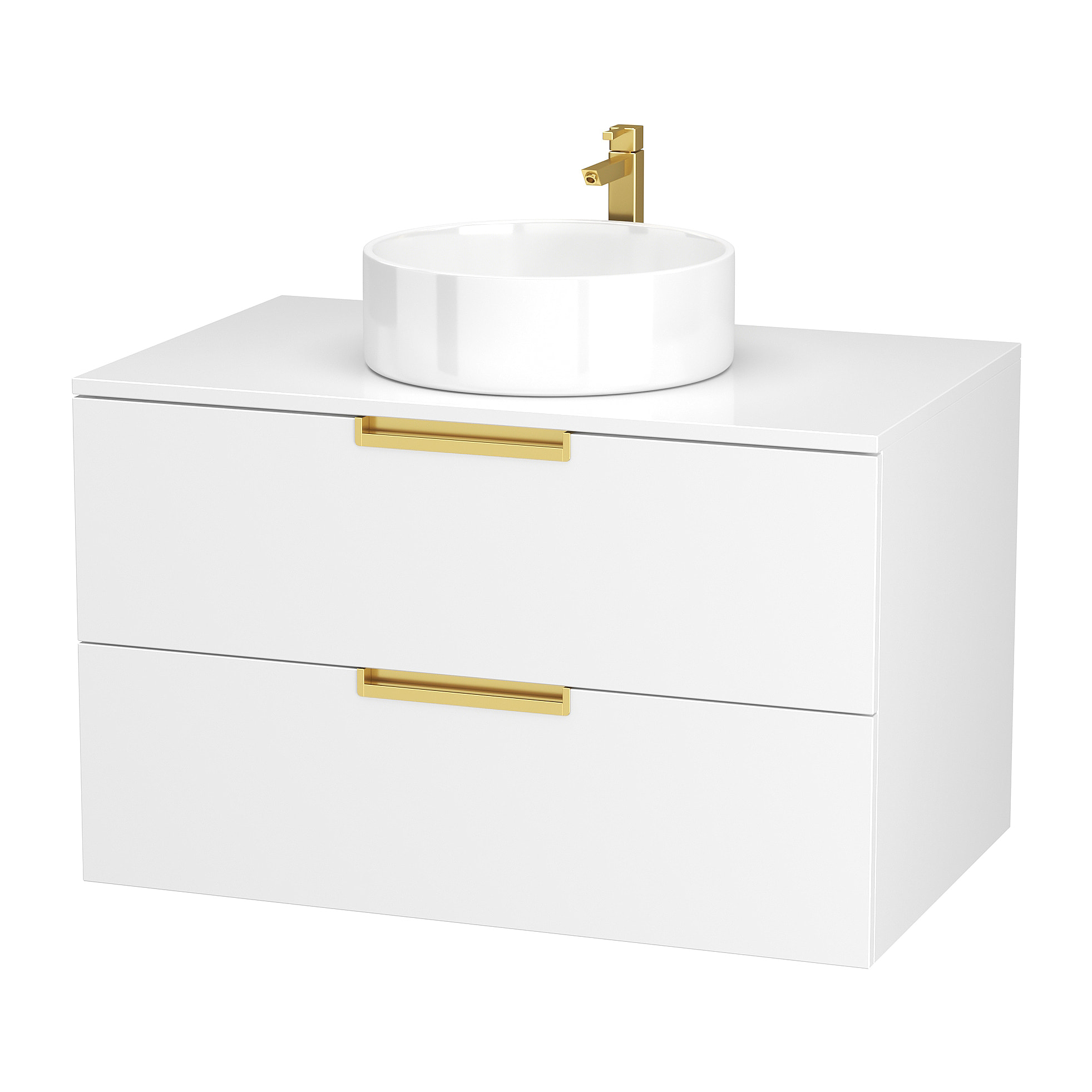 Meuble Salle de Bains 80 cm Laqué Blanc et Or Doré - 2 Tiroirs - Vasque Ronde à Poser Blanche