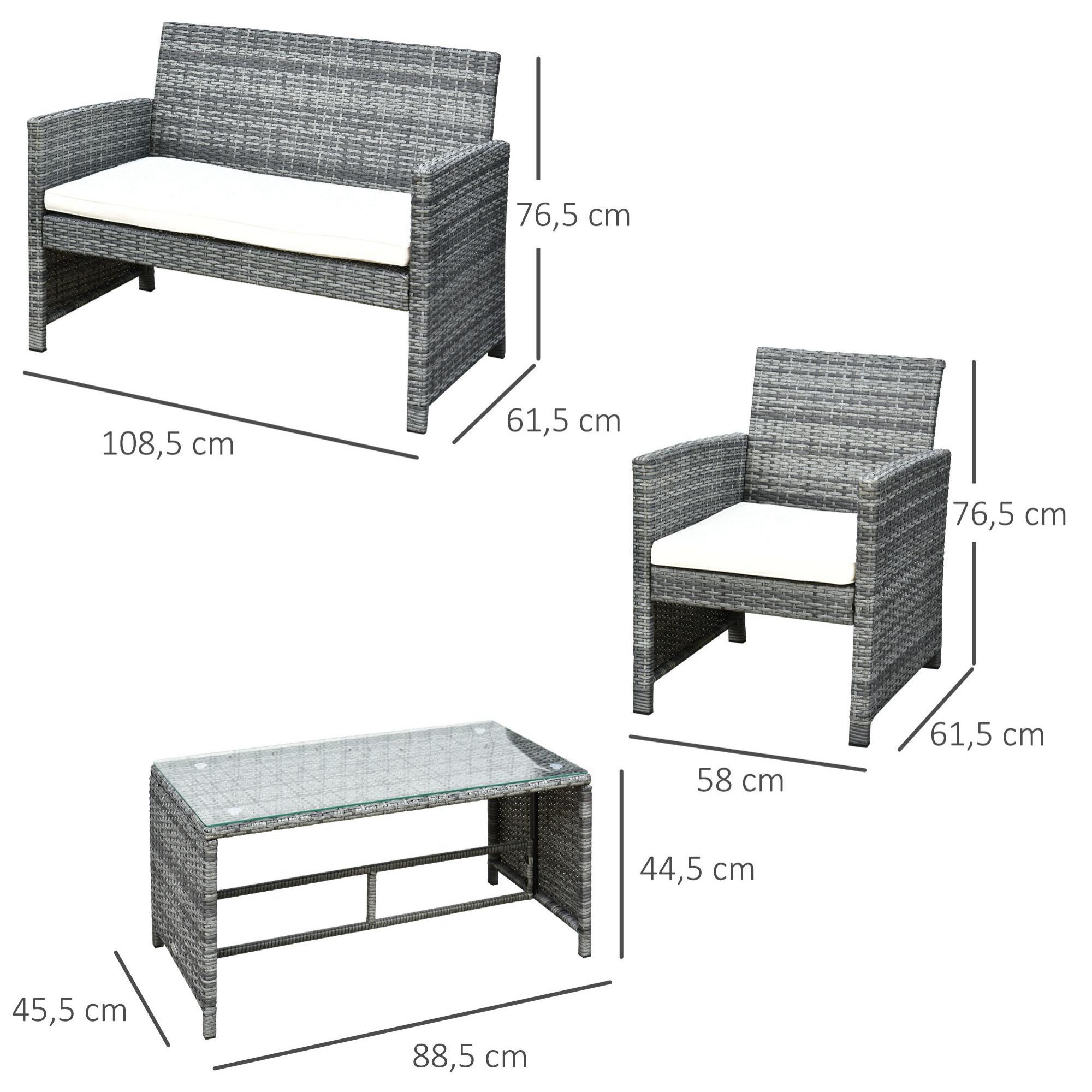 Conjunto de Muebles de Jardín de Ratán 4 Piezas Juego de Muebles de Jardín Incluido 1 Sofá de 2 Plazas 2 Sillones y 1 Mesa de Centro con Tablero de Vidrio para Terraza Gris