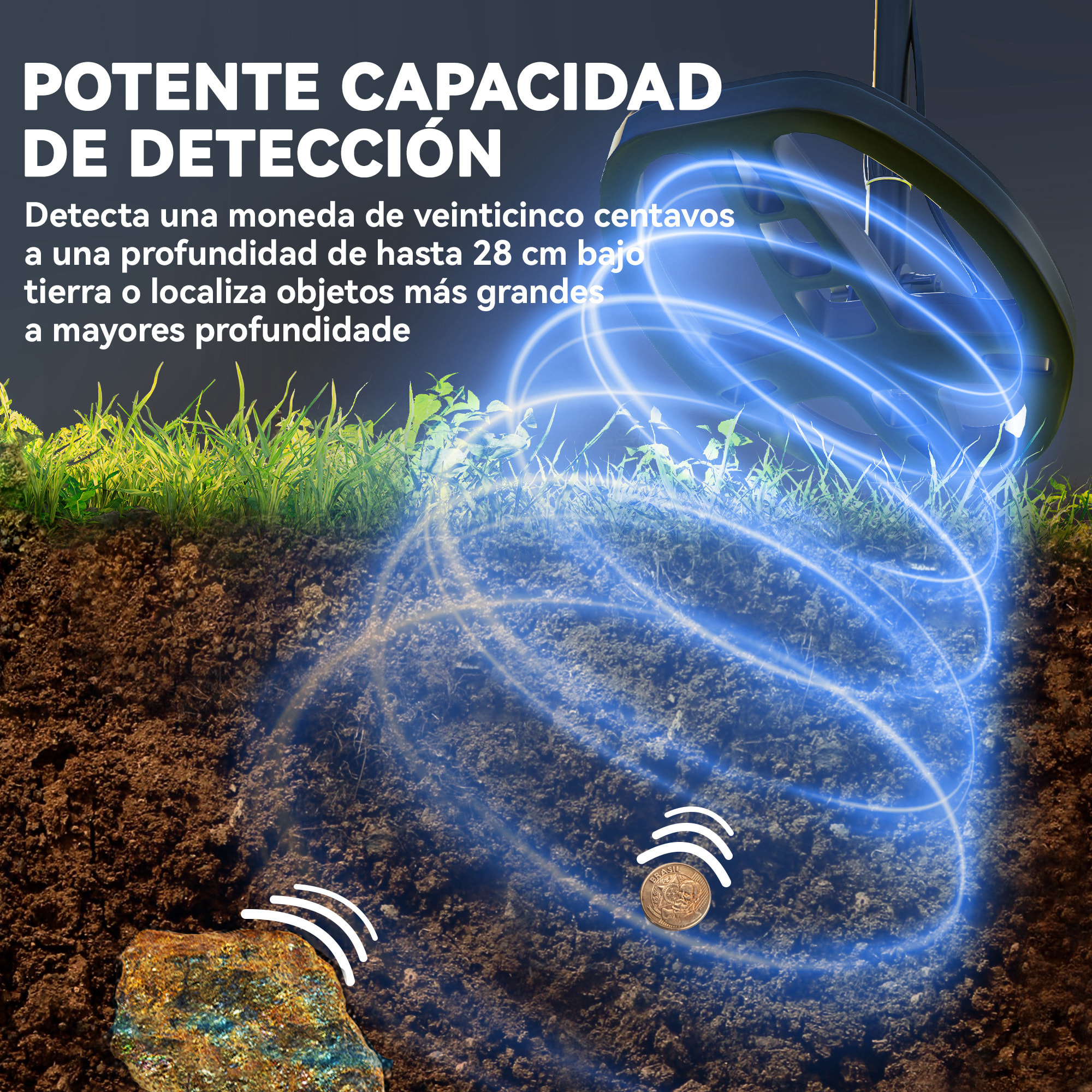 Detector de Metales para Adultos y Niños con Batería Detector IP68 con 5 Modos y Memoria Pantalla LCD Retroiluminada Chip DSP 28x21x48-130 cm Gris Oscuro