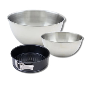 Lot avec 1 Moule à manqué à charnière, 1 spatule Zenker et 2 bols à mixer en inox Fackelmann