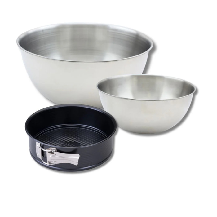 Lot avec 1 Moule à manqué à charnière, 1 spatule Zenker et 2 bols à mixer en inox Fackelmann