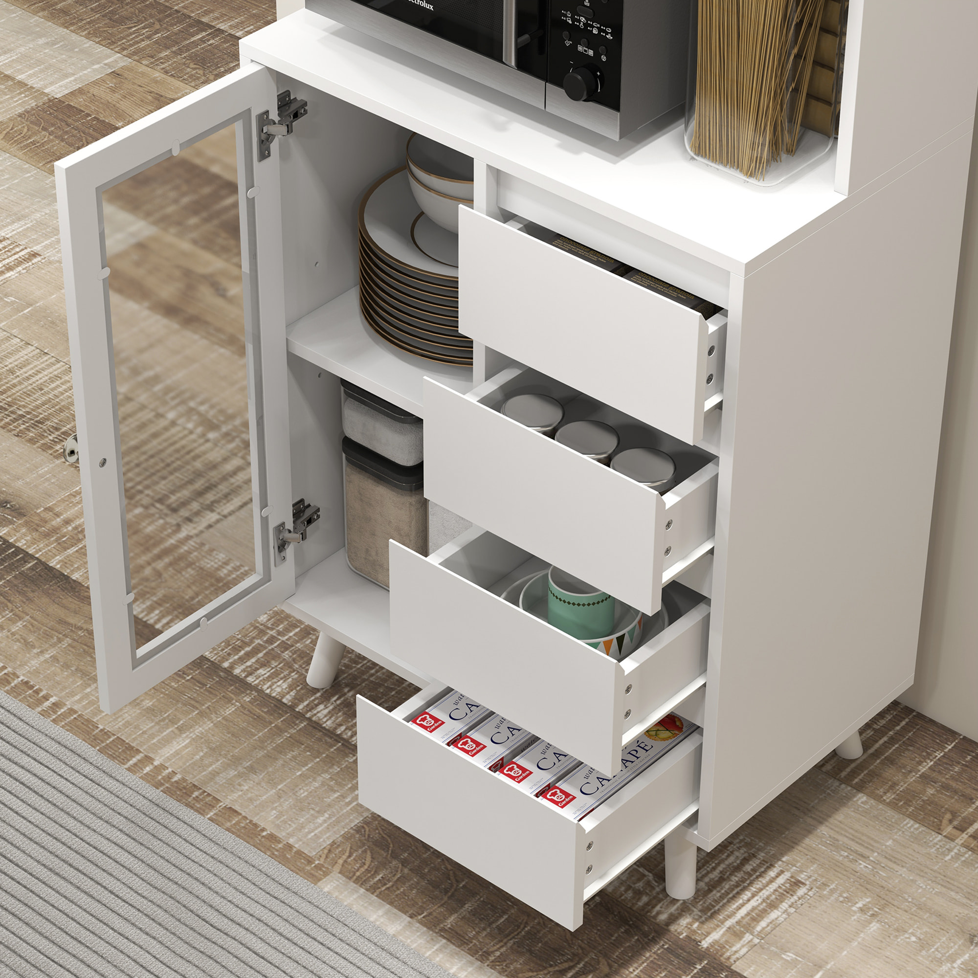 Alacena de Cocina Armario de Cocina Buffet Aparador con 2 Puertas de Vidrio Compartimentos Abiertos 4 Cajones y Estantes Ajustables 60x35x180 cm Blanco