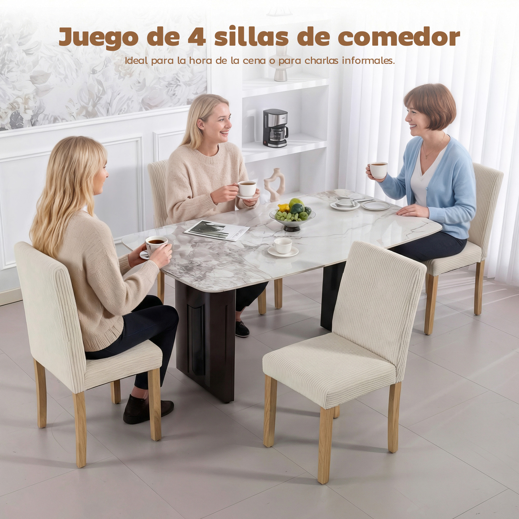 Pack de 4 Sillas de Comedor, Sillas de Cocinas Modernas, Respaldo Alto, Tapizadas en Pana, Asiento Acolchado, Patas de Madera, para Salón, Beige