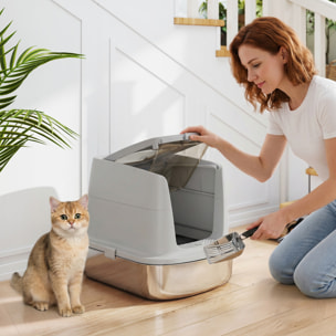 Arenero para Gatos de Acero Inoxidable L, Caja de Arena para Gatos con Tapa Abatible, Pala Metálica, Bolsa Desodorizante, Fácil de Limpiar, Antifugas, Gris Claro