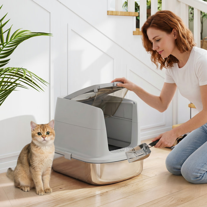 Arenero para Gatos de Acero Inoxidable L, Caja de Arena para Gatos con Tapa Abatible, Pala Metálica, Bolsa Desodorizante, Fácil de Limpiar, Antifugas, Gris Claro