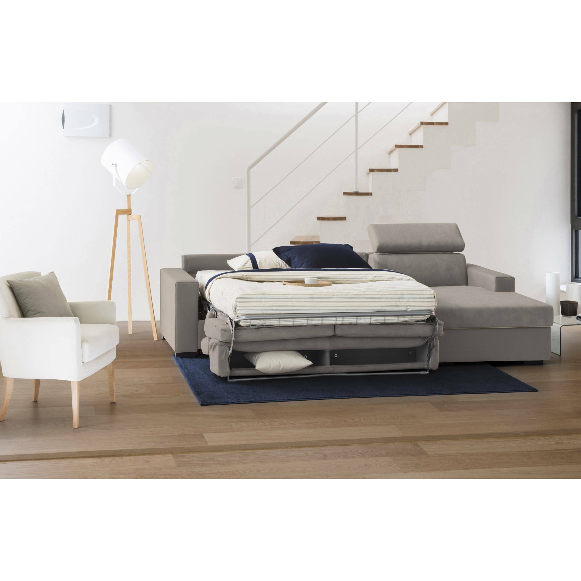 Divano Letto Alceste, Divano ad angolo, 100% Made in Italy, Sofà con apertura girevole, con Penisola contenitore Destra, con Braccioli slim, Cm 260x95h85, Tortora