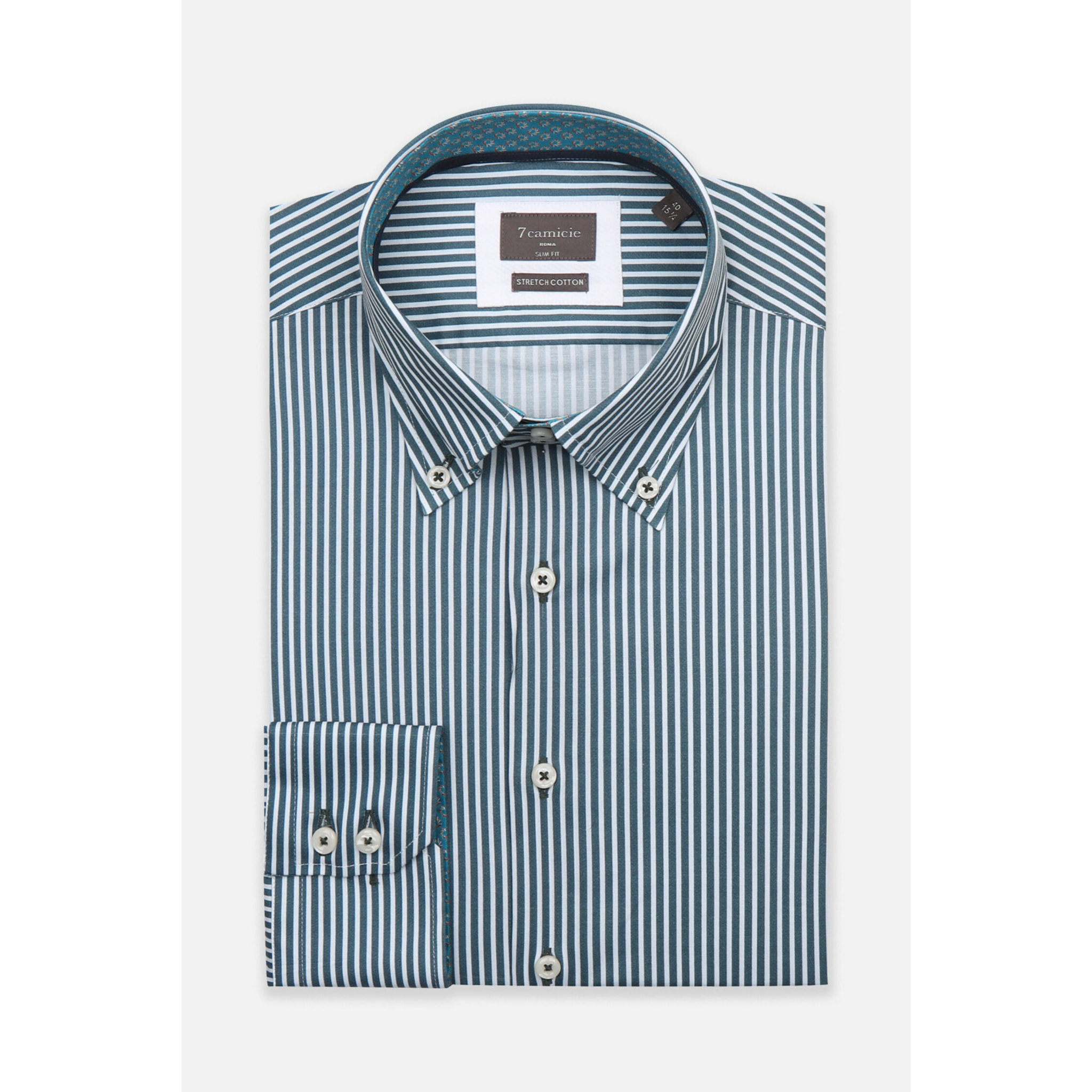 Camicia Uomo 2 Bottoni Button Down Slim Popeline Stretch Riga Media Bianco Verde Ottanio