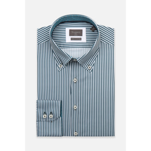 Camicia Uomo 2 Bottoni Button Down Slim Popeline Stretch Riga Media Bianco Verde Ottanio
